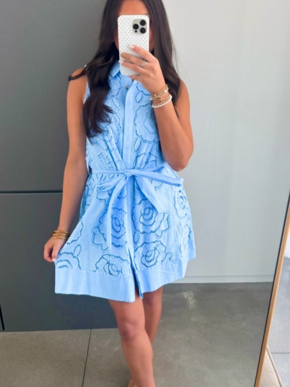 entro Light Blue Sleeveless Eyelet Tie-Waist Mini Dress